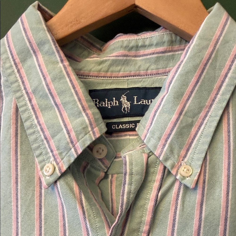 VNTG Ralph Lauren Mens XL Mint, Pink & Blue Striped Button-down Oxford Preppy - Picture 5 of 9